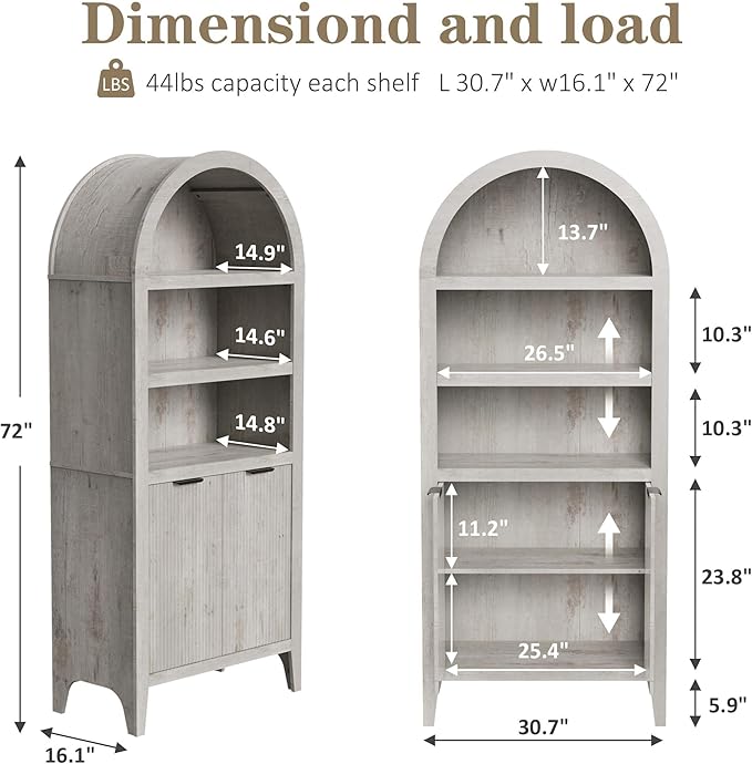 blini Tall Arched Bookcase with Doors, Wooden Arch Bookshelf 5-Tier Rounded Bookshelf Multi-Depth Display Storage Cabinet for Living Room