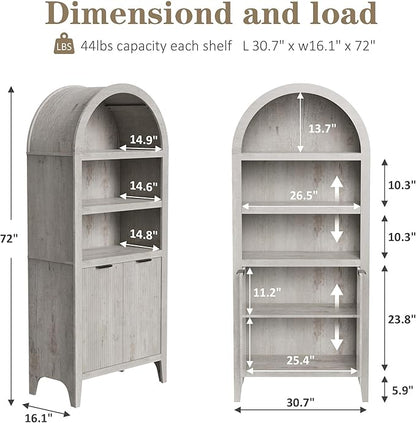 blini Tall Arched Bookcase with Doors, Wooden Arch Bookshelf 5-Tier Rounded Bookshelf Multi-Depth Display Storage Cabinet for Living Room