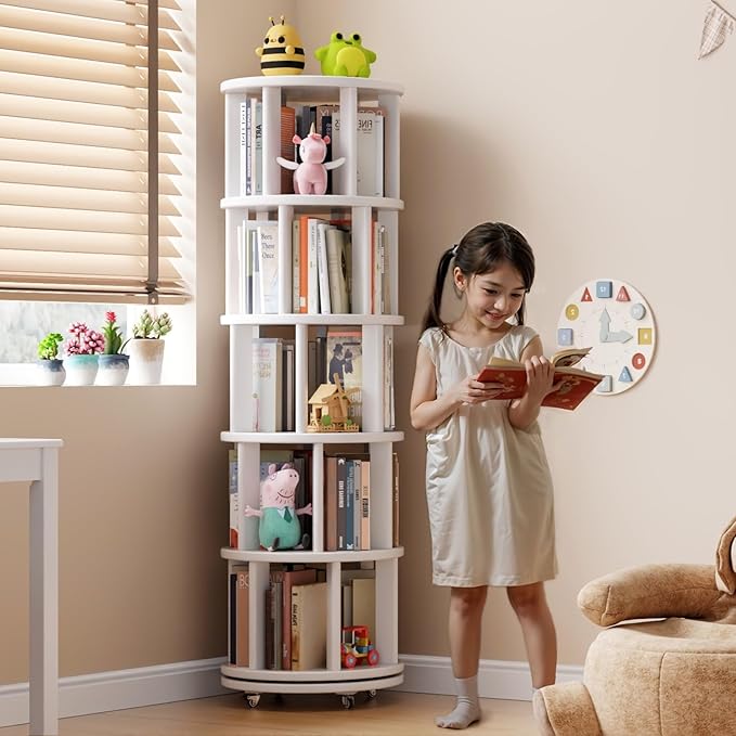 Solid Wood Rotating Bookshelf on Wheels, 5 Tier, Round Revolving Bookcase, 360° Spinning Book Shelf Tower for Kids, Narrow Rolling Bookshelves for Small Space, Corner, Bedroom, Office, White