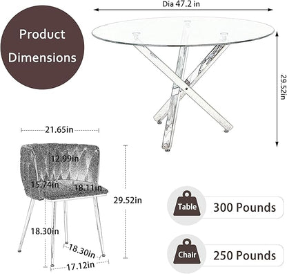 Modern Luxury Round Dining Room Table Set for 4, 47'' Clear Glass Top Dinner Set, 5 Piece Minimalist Circle Kitchen Table with Black Woven Chairs Set, Large Circular Dining Rooom Set (Gold)