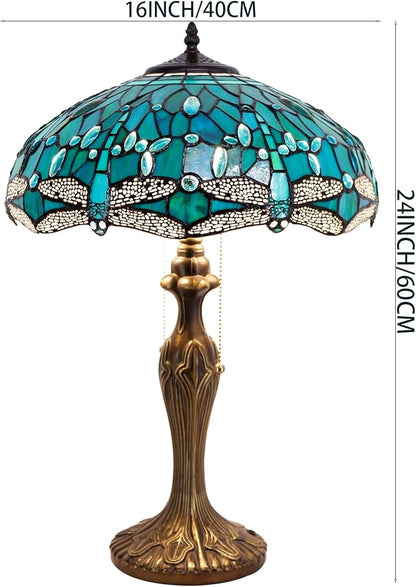 WERFACTORY Tiffany Table Lamp Green Stained Glass Dragonfly Bedside Lamp 16X16X24 Inches Desk Reading Light Metal Base Decor Bedroom Living Room Home Office S622 Series