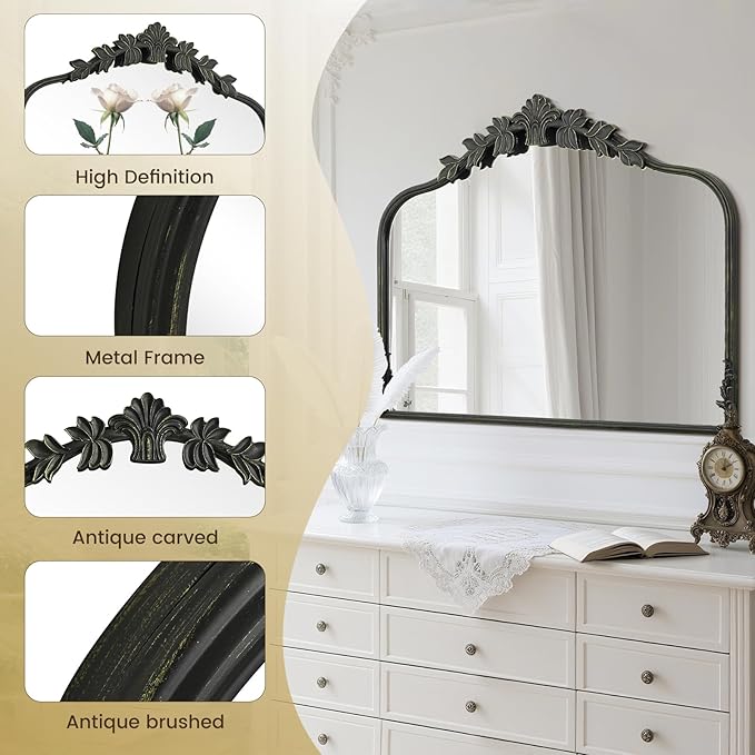 WallBeyond Black Antique Mirror for Vanity 32x24 Inch, Black Vintage Mirror with Ornate Frame, Arched Vintage Wall for Bathroom, Living Room, Fireplace