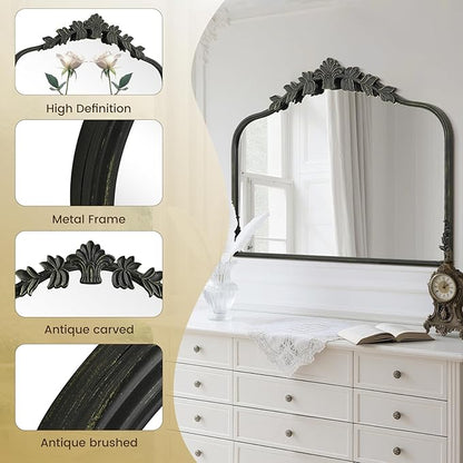 WallBeyond Black Antique Mirror for Vanity 32x24 Inch, Black Vintage Mirror with Ornate Frame, Arched Vintage Wall for Bathroom, Living Room, Fireplace