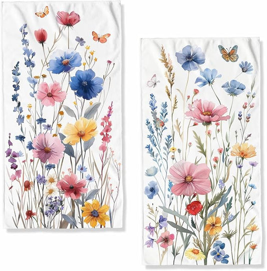 Watercolor Wildflower Kitchen Towels Set of 2 Absorbent Butterfly Dish Towels Housewarming Holiday Tabletop Decor Floral
