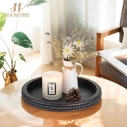 Hanobe Decorative Tray: Modern Farmhouse Beaded Round Tray Decor Rich Dark Brown Circle Wooden Ottoman Serving Platter for Centerpieces Kitchen Counter Bathroom