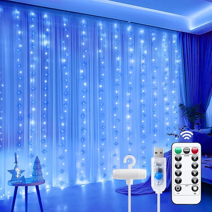 Minetom Curtain Lights, 300 LED Dimmable Fairy Lights with Remote and Timer, 8 Modes, USB Powered String Lights for Room Wall Party Xmas Indoor Decor, Blue & White