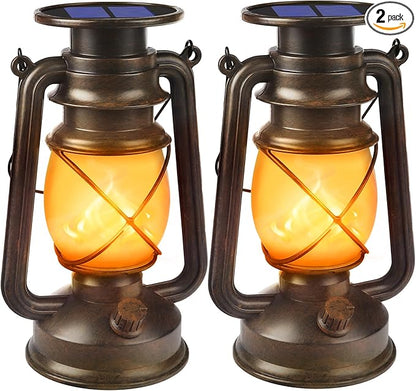 Solar Lanterns Outdoor Waterproof,2 Pack Bronze Vintage Lanterns with Dancing Flame Led Hanging Lights Decor,Lamps for Porch Garden Yard Pathway Camping