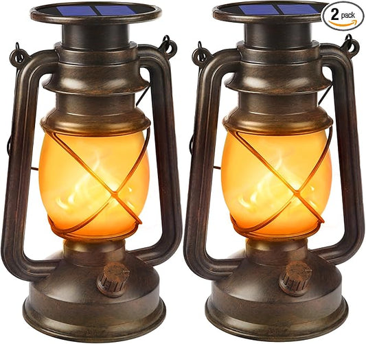 Solar Lanterns Outdoor Waterproof,2 Pack Bronze Vintage Lanterns with Dancing Flame Led Hanging Lights Decor,Lamps for Porch Garden Yard Pathway Camping