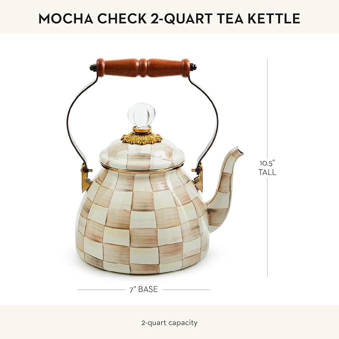 MACKENZIE-CHILDS Enamel Tea Kettle, Stylish Tea Kettle for Stovetop, Brown-and-White Mocha Check, 2 Quarts