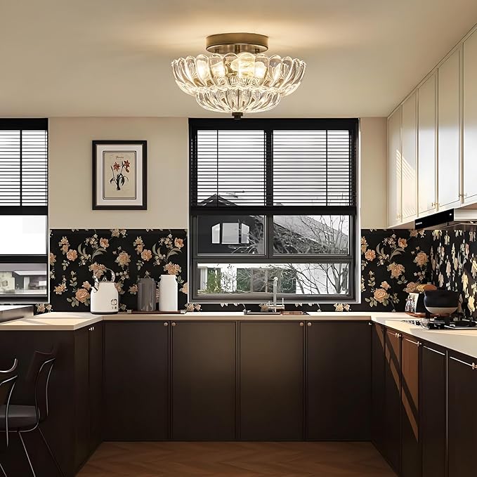 Mid Century Modern Black Semi Flush Mount Ceiling Light Fixture,3 Lights Flower Glass Close to Ceiling Lighting Fixtures for Bedroom Hallway Kitchen Foyer Bathroom Closet Laundry Room 11.8 in