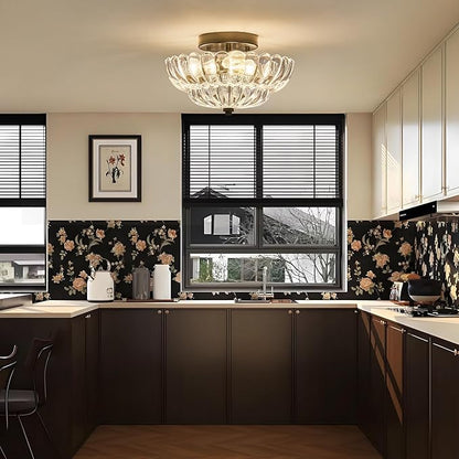 Mid Century Modern Black Semi Flush Mount Ceiling Light Fixture,3 Lights Flower Glass Close to Ceiling Lighting Fixtures for Bedroom Hallway Kitchen Foyer Bathroom Closet Laundry Room 11.8 in