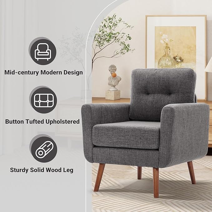 Tbfit Accent Chair, Reading Chair for Living Room & Bedroom, Mid Century Modern Arm Chair, Button Tufted Upholstered Accent Chairs Sofa with Solid Wood Frame (Stone Grey)