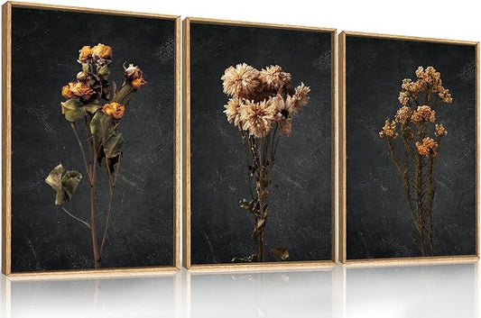 HOURIA Moody Boho Floral Framed Canvas Wall Art Set,Vintage Black Flower Wall Decor,Mid Century Minimalist Wildflower Artwork,Nature Retro Botanical Art Print for Living Room,Bedroom,Office- 16"x24"x3