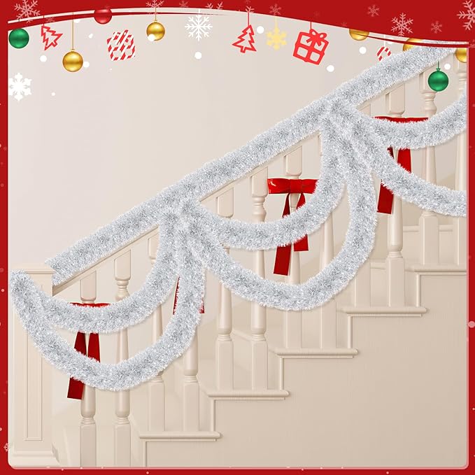 50ft Silver & White Christmas Tinsel Garland - Metallic Tinsel Glitter Twist Garland Hanging Streamers for Indoor/Outdoor Decor Xmas Tree Garlands Decorations