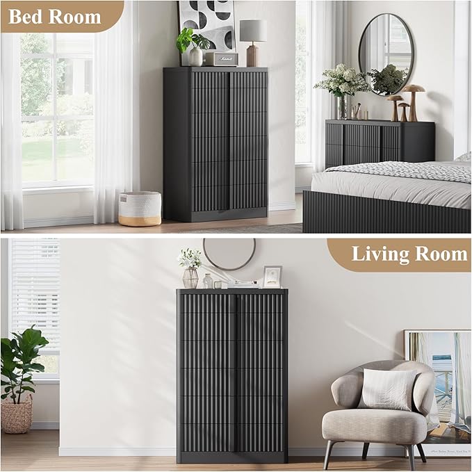 Fluted Dresser for Bedroom, 48" Tall 6 Drawer Dresser, Modern Chest of Drawers with Solid Wood Handle, Curved Profile Design, Wood Dressers Storage Organizer, Living Room, Hallway, Black