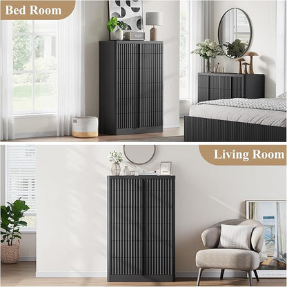 Fluted Dresser for Bedroom, 48" Tall 6 Drawer Dresser, Modern Chest of Drawers with Solid Wood Handle, Curved Profile Design, Wood Dressers Storage Organizer, Living Room, Hallway, Black