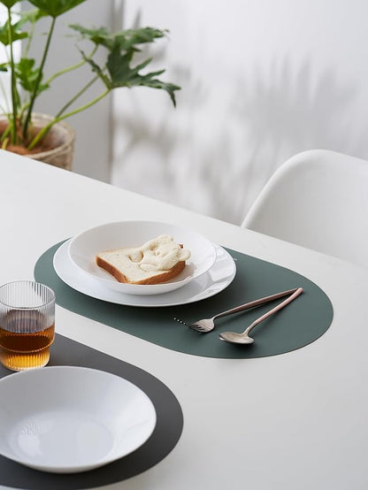 Sage Green Oval Silicone Placemats Set of 4 – Heat Resistant, Waterproof, Easy to Clean Non-Slip Modern Dining Table Mats – Premium Leather Textured Japandi Kitchen Decor