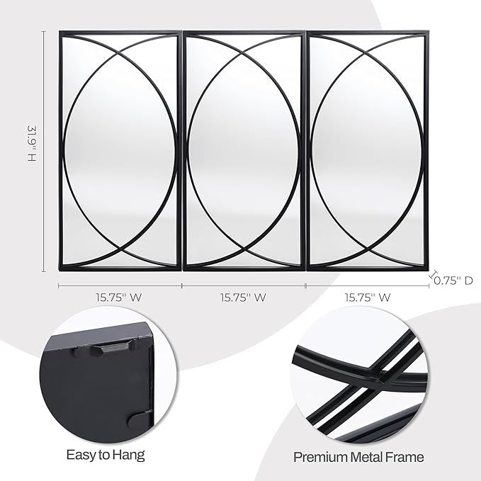 LuxenHome 3 Pieces Black Metal Rectangular Wall Mirror Set Large Vanity Mirror for Bedroom, Black Accent Metal Entryway Wall Mirror, Wall Mounted Mirror Living Room Wall Decor
