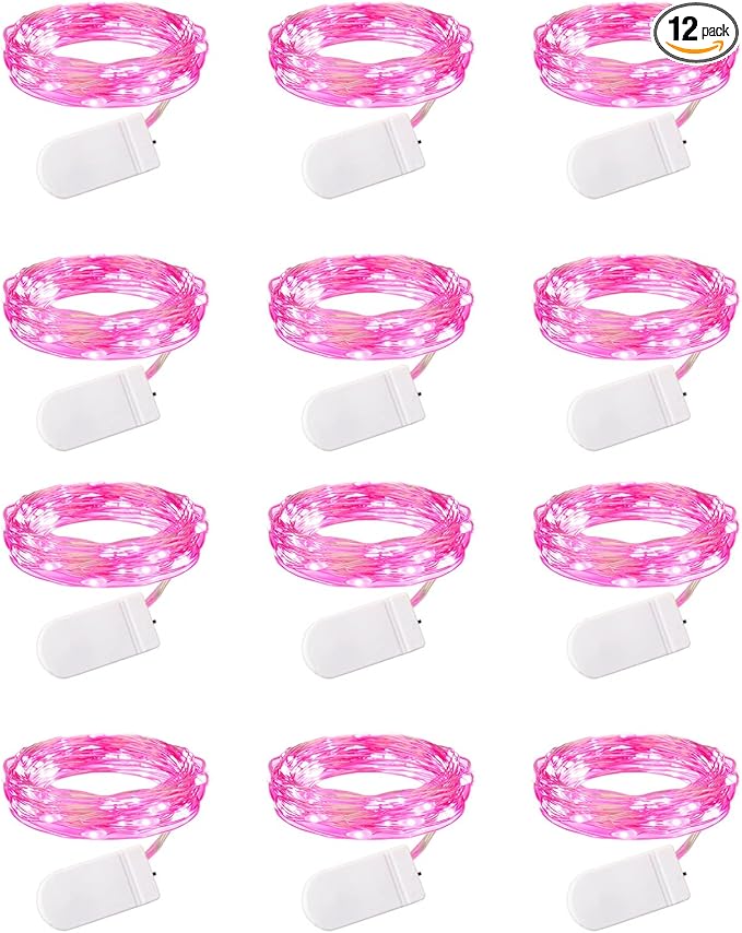 Brightown Valentine's Day 12 Pack Pink Led Fairy Lights Battery Operated String Lights Waterproof Silver Wire 7 Feet 20 Led Firefly Starry Moon Lights for DIY Wedding Party Bedroom