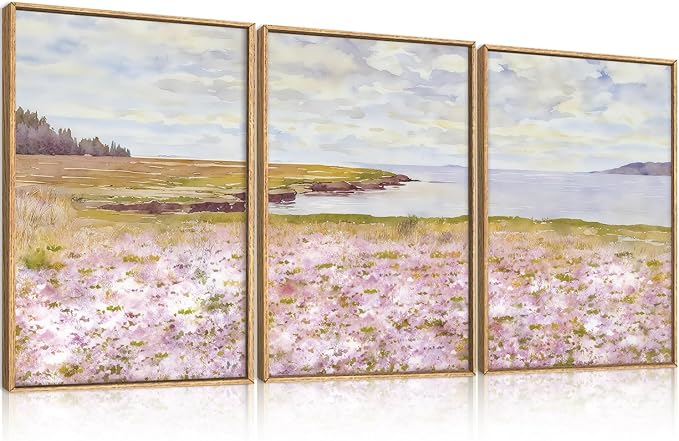 HOURIA Pink Wildflower Coastal Landscape Framed Canvas Wall Art Set,Green Meadow Field Wall Decor,Watercolor Beach Wall Painting,Modern Seaside Wall Decor for Living Room, Bedroom, Farmhouse-24"x36"x3