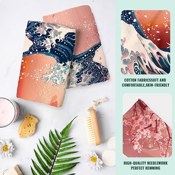 Cherry Blossom Kitchen Towels Set of 2 Japanese Ocean Wave Anime Dish Towels Gifts for Women 16x24 Tabletop Decor