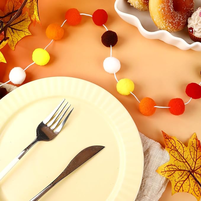 MARFOREVER 4 Pack 26.3 Ft Fall Pom Pom Garlands, Thanksgiving 30 Balls Oange Yellow Fall Felt Ball Garlands Decorations for Autumn Harvest Thanksgiving Day Party Home Classroom Hanging Decor Supplies