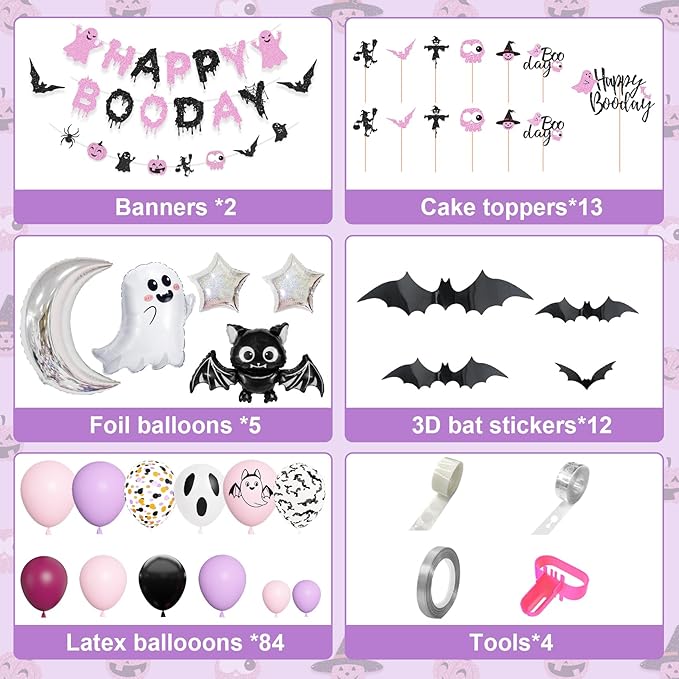 Amandir Pink Purple Halloween Birthday Party Decorations, Happy Boo Day Glitter Banner Halloween Balloon Arch Garland kit Foil Bat Ghost Balloons Cake Topper for Kids Girl Spooky Baby Shower Supplies
