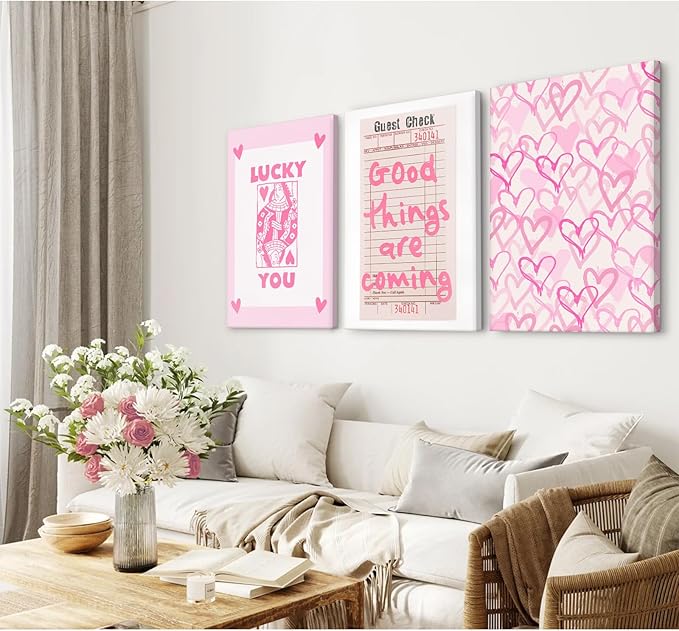 Lucky You Pink Wall Art Guest Check Preppy Wall Decor Trendy Aesthetic Canvas Wall Art Funky Retro Poster Hearts Cute Picture Prints Inspirational Artwork for Room Bedroom 12x16 Inch Framed Set of 3