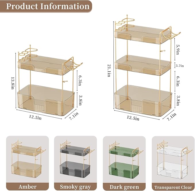 3 Tier Bathroom Organizer Countertop Makeup Perfume Skincare Organizer Comes with Hair Dryer Rack and Toothbrush Holder for Bathroom Dresser Vanity (Gold)