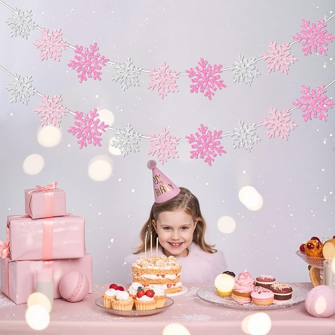 2Pack Pink Silver Snowflake Garland Winter Wonderland Decorations, Glitter Snowflake Banner for Girl Baby Shower Decorations, Birthday and Christmas Party Supplies, No DIY.