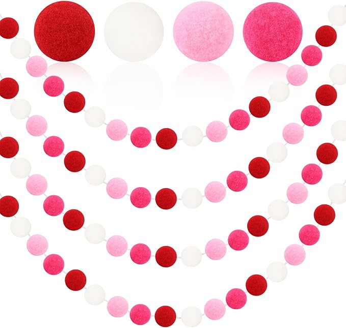 MARFOREVER 4 Pack 26.3 Feet Pink Christmas Decorations Red Pink White Pom Pom Garlands Christmas Felt Ball Hanging Supplies for Xmas Valentine's Day Wedding Birthday Party Home Wall Decor