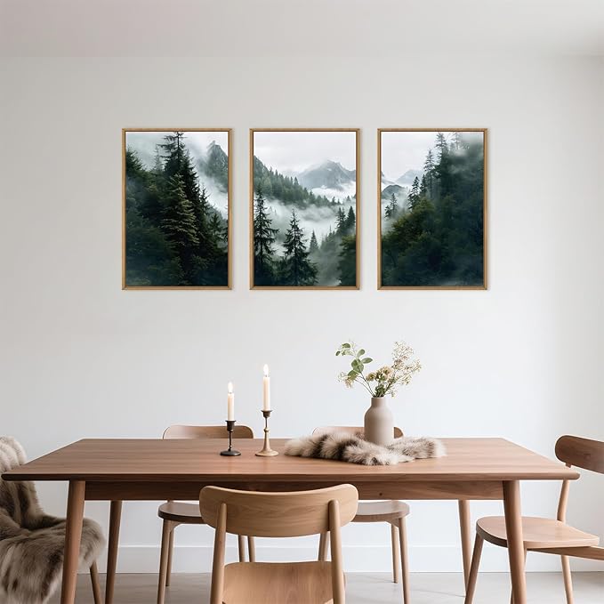 HOURIA Boho Forest Mountain Framed Canvas Wall Art Set,Nature Foggy Woodland Ridge Wall Decor,Misty Pine Tree Artwork,Sage Green Botanical Art Prints for Living Room, Bedroom, Farmhouse-24 x36 x3