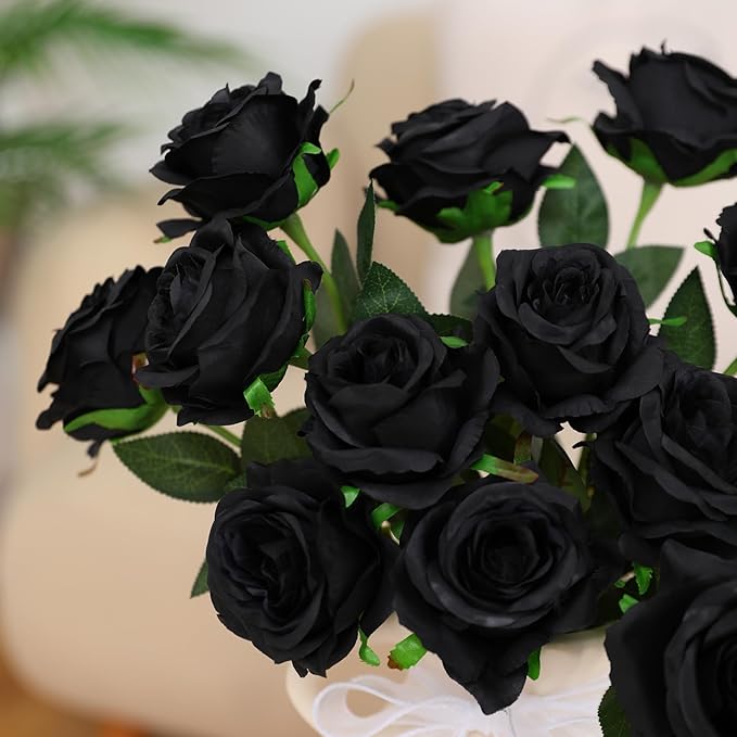 Nubry 50pcs Artificial Silk Roses Bulk,Fake Roses Flower with Stems Realistic Flowers for Wedding Centerpiece Home Party Decor(Black)