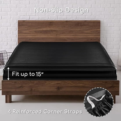 MR&HM Satin Bed Sheets, Queen Size Sheets Set, 6 Pcs Silky Bedding Set with 15 Inches Deep Pocket for Mattress (Queen, Black Striped)