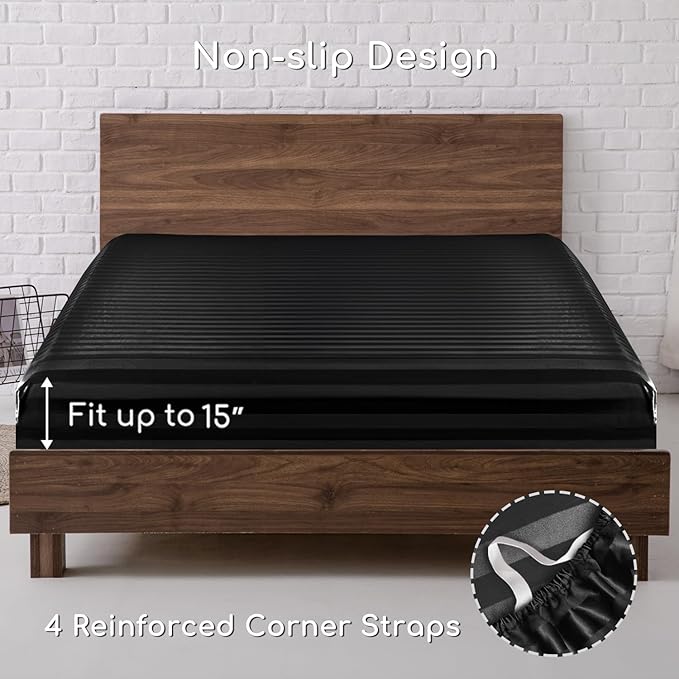 MR&HM Satin Bed Sheets, Twin Size Sheets Set, 3 Pcs Silky Bedding Set with 15 Inches Deep Pocket for Mattress (Twin, Black Striped)