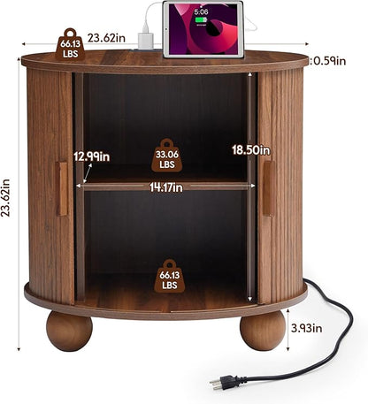 24" End Table with Charging Station, Farmhouse Round Fluted Wood Night Stand, Mid-Century Large Side Table with Storage & Sliding Door for Living Room, Bedroom (Round, Walnut)