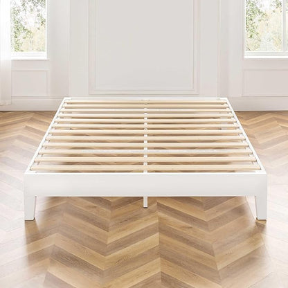 Mellow Naturalista Grand 12 Inch Solid Wood Platform Bed with Wooden Slats, Easy Assembly, Queen, White