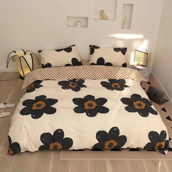 Pureant Black Sunflower Comforter Sets Full Black and White Floral Bedding Comforters Cotton Women Girls Boho Black Botanical Quilts Large Flower Blankets Garden Adults Teens Bohemian Rustic Bedding