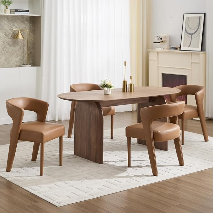 DUOMAY Modern Dining Chairs Set of 4, Leather Fabric Upholstered Kitchen Chair with Curved Open Back Accent Side Chairs Dining Room Chairs with Wood Legs, Brown