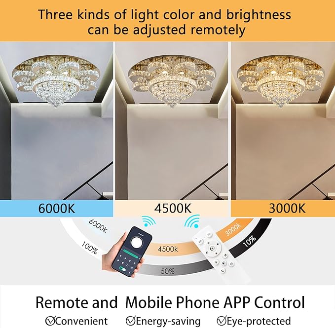 Modern Chandelier Living Room Glam Chandeliers Ceiling Light Fixture Remote Dimmable Lights 32 Inches Luxury Crystal Gold Light