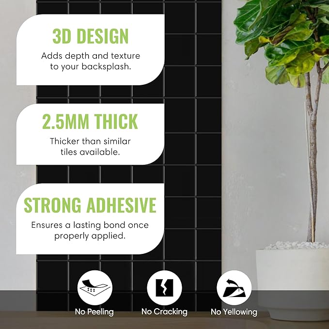 5 Pack Peel and Stick Backsplash Square Tiles, Extra Thick 3D Wall Panels, Heat & Water Resistant, Easy DIY Kitchen, Bathroom, Laundry, Fireplace & Rental Home Wall Décor (12 x 12 in), Black