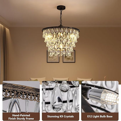 Vintage Crystal Chandeliers for Dining Room Light Fixture, 6-Light 5-Tier Antique Bronze Chandelier for Kitchen Island Bar Living Room Foyer Entryway, D20 xH17