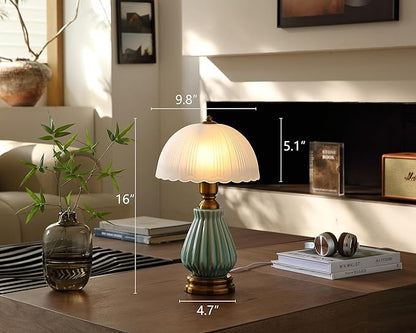 Vintage Lamp for Living Room,16" Modern Ceramic Table Lamps for Bedroom,Retro Bedside Nightstand Traditional Lamps, Classic Chinoiserie Green Lamp for Home Decor (LD004)