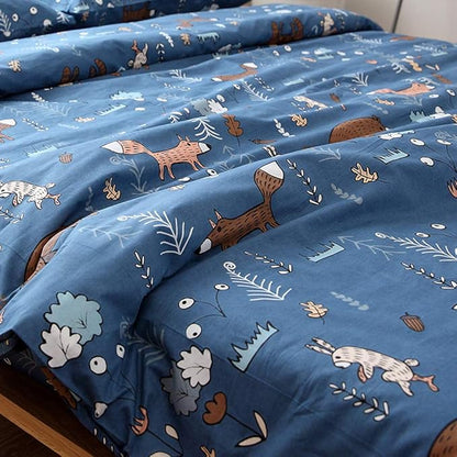 CLOTHKNOW Kids Queen Comforter Set 3Pcs Blue Animal Cartoon Bedding Comforter Sets Forest Fox Rabbit Comforter with 2 x Pillow Cases