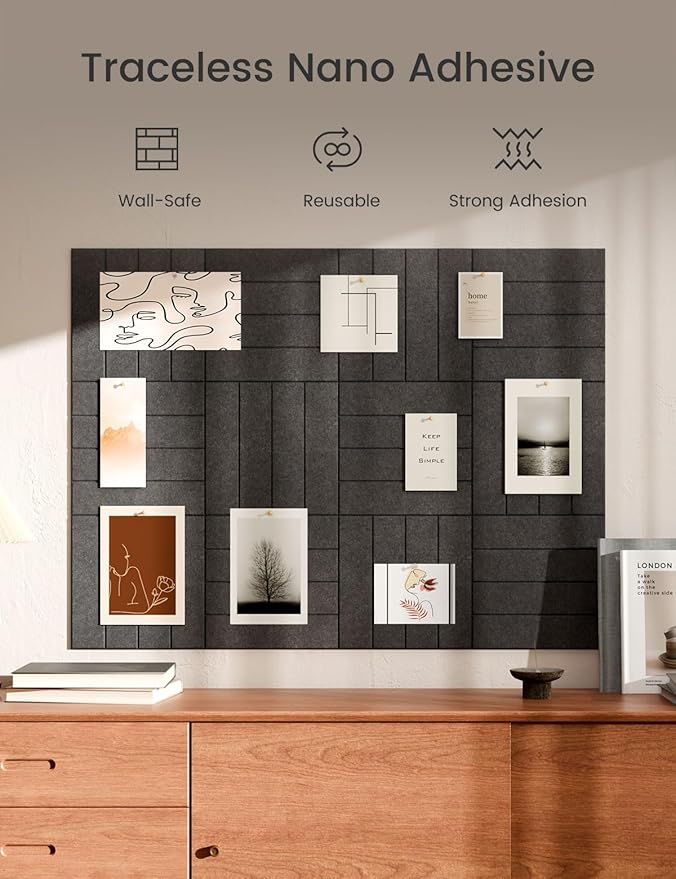 Bumusty Large Cork Board Alternative-47 x35 Felt Bulletin Board Tiles, with 30 Pushpins, 70 Adhesive Tabs, 12-Pack Slat Wall Paneling, Cork Boards for Office Push Pin Board Felt Board-Charcoal Gray