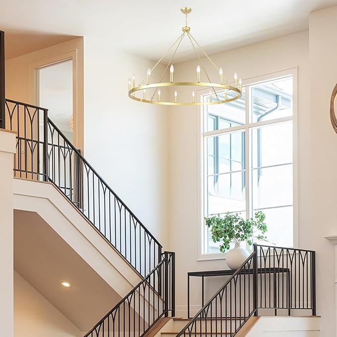 16-Light Gold Wagon Wheel Chandelier 47in Large Chandeliers for High Ceilings Round Farmhouse Light Fixtures Over Table Rustic Light Fixture for dining room,Foyer,Living Room,High Ceiling,Entryway,E12