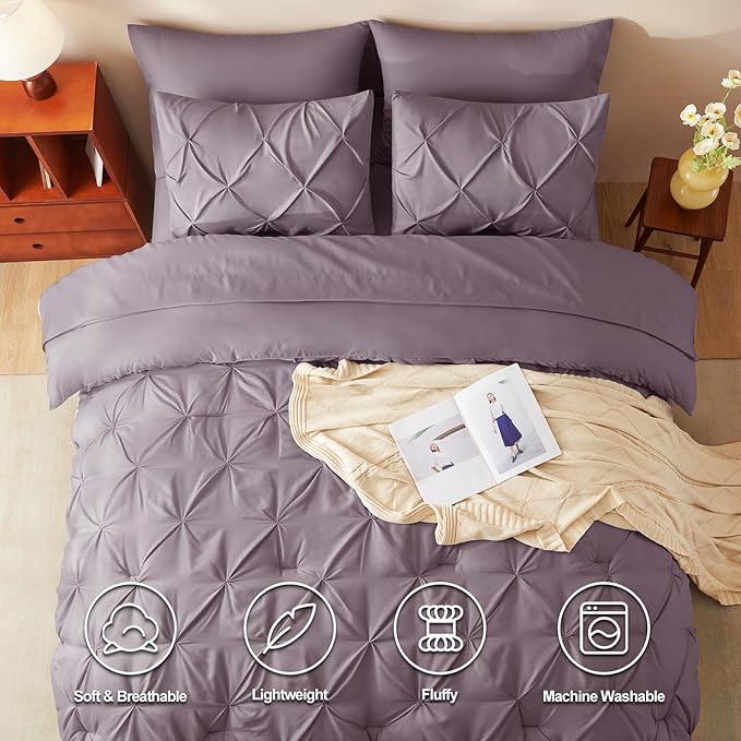 CozyLux Full Size Comforter Sets Grayish Purple, 7 Pieces Bed in A Bag Purple Comforter Full Size, Pinch Pleat Bedding Sets with All Season Comforter, Sheets, Pillowcases & Shams