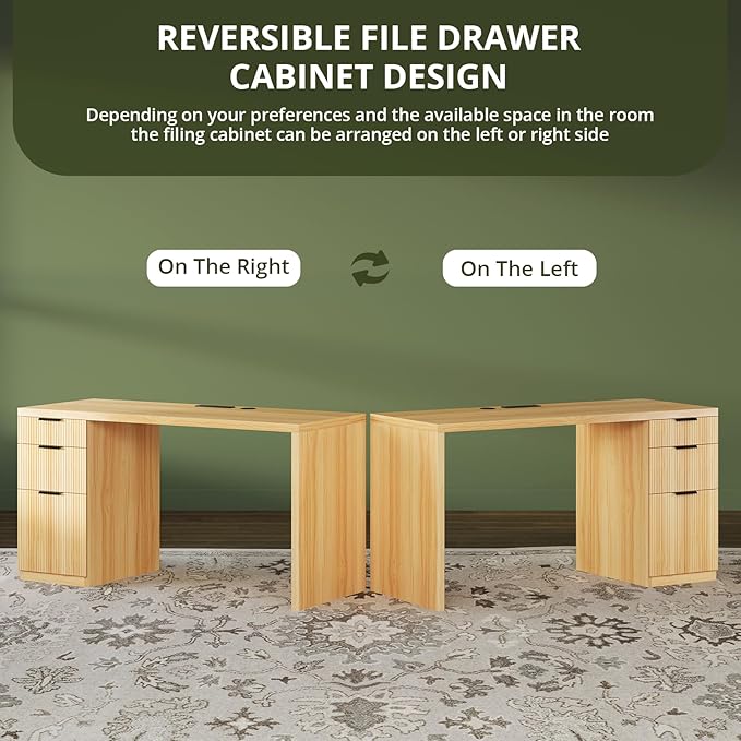 FURSUN 58" Modern Executive Desk with Storage, Home Office Desk with Drawer & Cabinet, Wooden Fluted Desk for Study, Living Room, Bedroom, Natural Oak