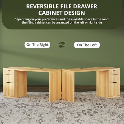 FURSUN 58" Modern Executive Desk with Storage, Home Office Desk with Drawer & Cabinet, Wooden Fluted Desk for Study, Living Room, Bedroom, Natural Oak