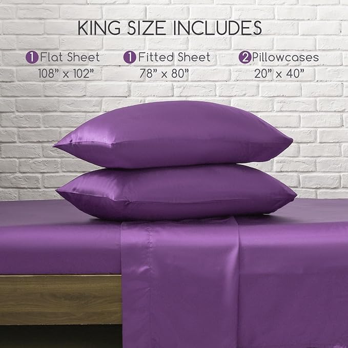 MR&HM Satin Bed Sheets, King Size Sheets Set, 4 Pcs Silky Bedding Set with 15 Inches Deep Pocket for Mattress (King, Lavender)